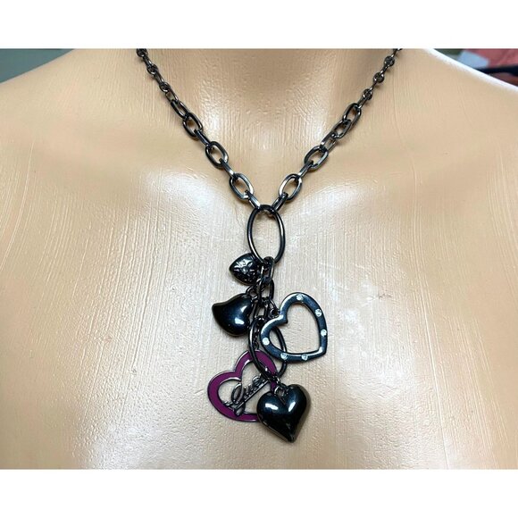 Guess Silver-Tone Heart Charm Necklace With Pink Enamel & Rhinestone Accents For - Picture 8 of 9
